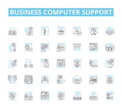 Business computer support linear icons set. Hardware, Software, Nerking, IT Stock Illustration
