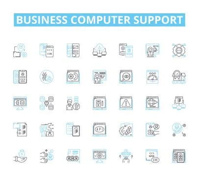 Business computer support linear icons set. Hardware, Software, Nerking, IT Stock Illustration