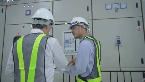 Business concept of 4k Resolution. Engineers inspecting electrical equipment  Stock Footage 153797590