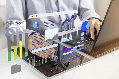 Business concept in data management, manager shows work performance data an.. Stock Photos