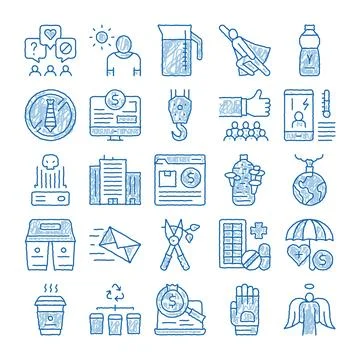 Business concept doodle set, drawing various hand drawn icons Stock Illustration