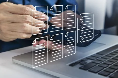 Business concept of extracting work data from data center via mobile phone .. Stock Photos