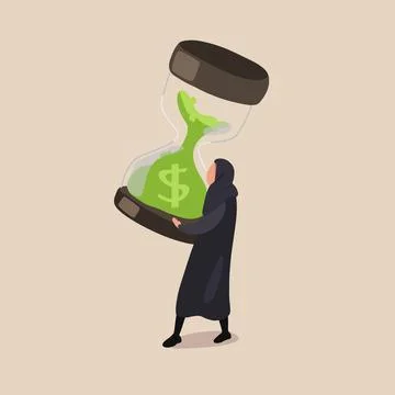 Business concept flat active Arab businesswoman holding up large hourglass. T Stock Illustration