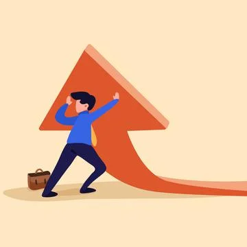 Business concept flat style of worker lifting rising financial arrow graph up Stock Illustration