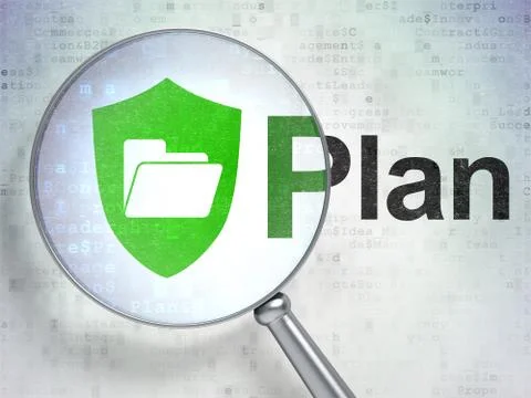 Business concept: Folder With Shield and Plan with optical glass Stock Illustration