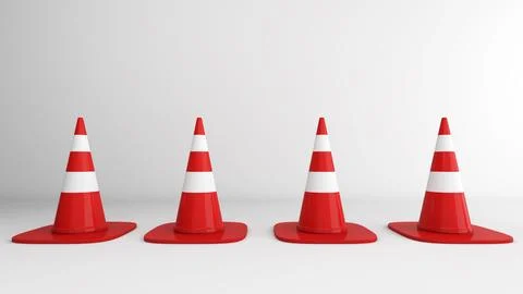 The business concept involves traffic cones arranged on a white background .. Stock Photos