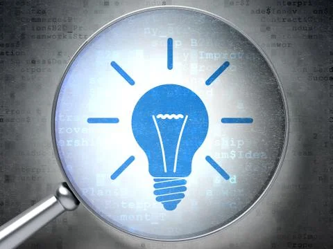 Business concept: Light Bulb with optical glass on digital back Иллюстрация