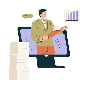 Business Concept with Man Character from Computer Screen Have Online Conference Stock Illustration