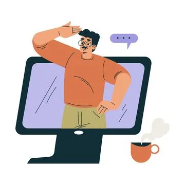 Business Concept with Man Character from Computer Screen Have Online Conference Stock Illustration