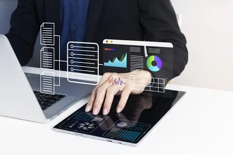 Business concept of managing data on the network and displaying it on compu.. Stock Photos