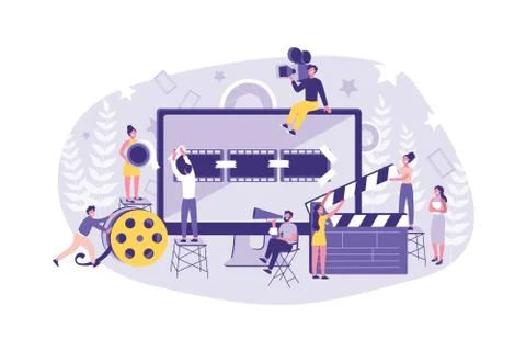 Business Concept Motion Design Studio. Teamwork of Clerks, Designer, Editor,  Stock Illustration