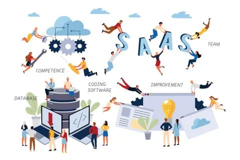 Business Concept of SAAS, Coding Software, Improvement, Database, Competence and Illustrazione stock