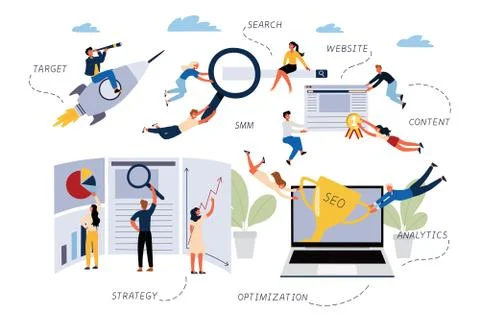 Business Concept of SEO, Search, Optimization, Target, Website, SMM, Content, Illustrazione stock