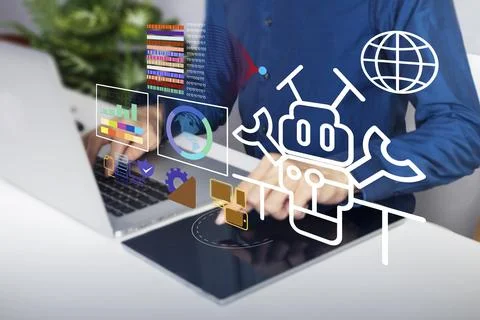 Business concept: Using robots in large database systems, sending commands .. Stock Photos
