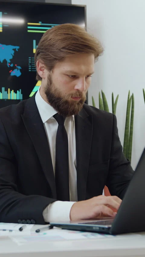 Business concept where good-looking serious high-skilled wise bearded businessma Stock Footage 330796701