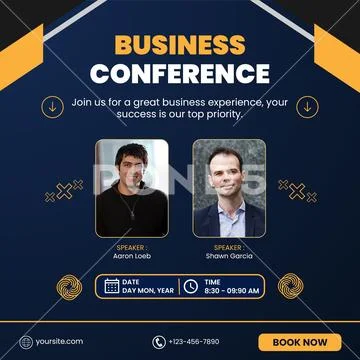 Business conference featuring two speakers and event details PSD Template