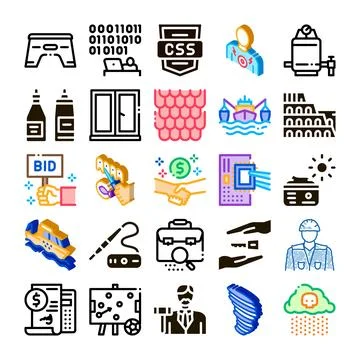 Business construction contractor and software coding icons set Stock Illustration