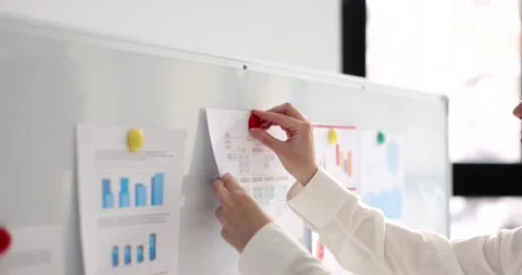 Business consultant marketer attaches statistical report to white board in Stock Footage 234125919