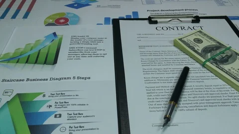 Business contract and dollars on the table in the office of the company Stock Footage 87914839