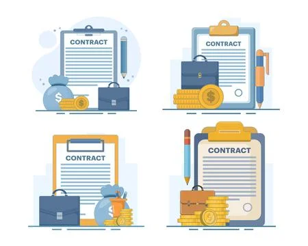 Business contract set featuring signed agreements, legal documents. イラスト素材