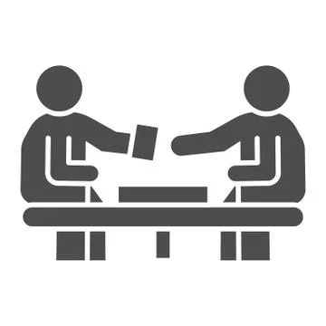 Business conversation solid icon. Exchange, two businessman talk at desk symbol Illustration