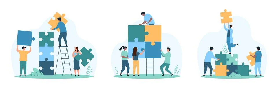 Business cooperation, group challenge of tiny people with puzzle pieces Stockillustratie
