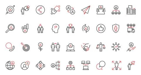 Business cooperation red black thin line icons set, human resource development Stock Illustration
