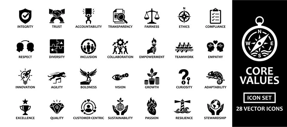 Business core values solid icon set. Includes symbols for integrity, trust,.. Stock Illustration