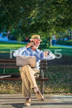 Business correspondence. Focused mature businessman using laptop while sitting Stock Photos