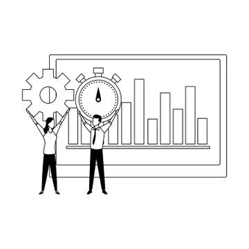 Business couple and a data chart black and white Illustrazione stock