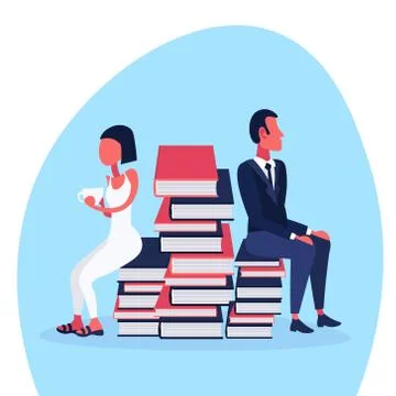 Business couple sitting book stack holding coffee cup break concept student Illustrazione stock