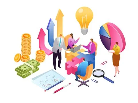 Business creative teamwork and development data analysis isometric vector Illustrazione stock