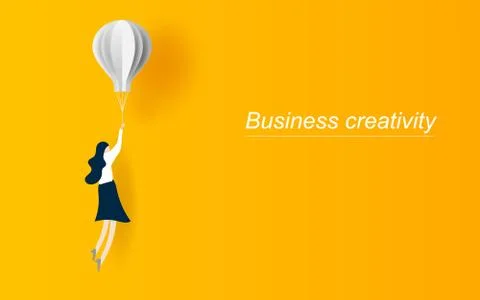 Business creativity vector concept idea with business woman flying with ballo Illustrazione stock