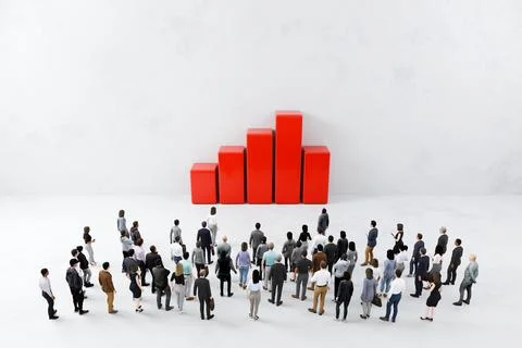 Business crowd analyzing large red bar chart representing data and stats Stock Illustration