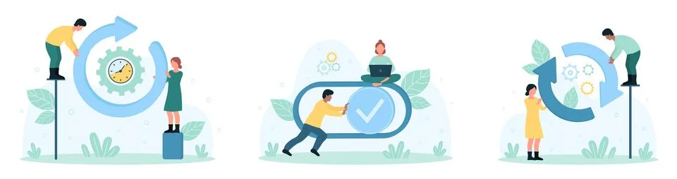 Business cycle, management set, tiny people reload system with circular arrow 스톡 일러스트