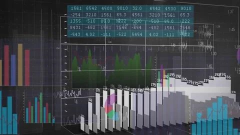 Business dashboard assembling, panels sliding, teal matrix, 3D bars rising, Stock Footage 332285166