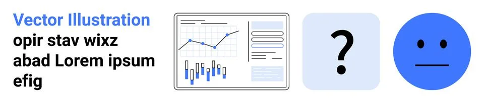 Business dashboard with graphs, question mark icon, and neutral face emotion. Stock Illustration