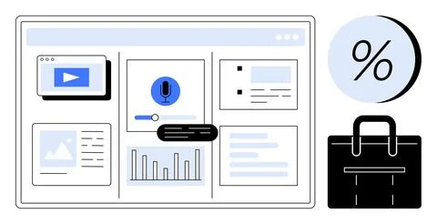 Business dashboard interface displaying charts, video, microphone, and busine Stock Illustration