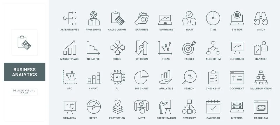 Business data analysis and analytics line icons set, research technology, data Stock Illustration
