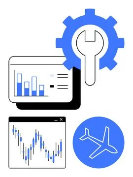Business data analysis and aviation industry with tools and graphs in blue and イラスト素材
