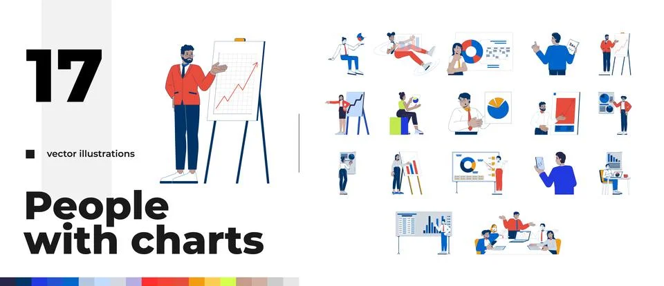 Business data analysis and chart presentation 2D vector illustration pack Stock Illustration