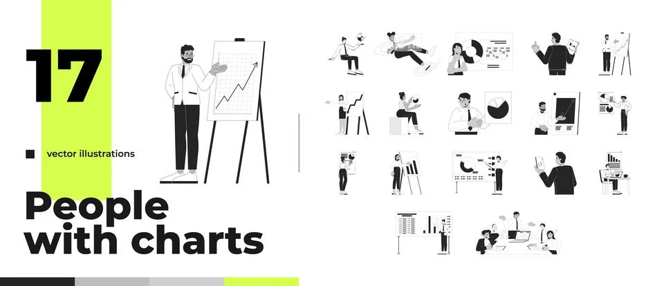 Business data analysis and chart presentation outline illustration pack Stock Illustration
