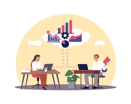 Business data analysis and team collaboration. Office workers with laptops Stock-Illustration