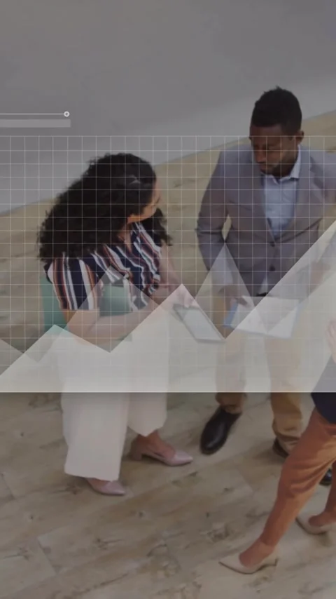 Business data analysis animation over diverse colleagues discussing in office Stock Footage 319055608