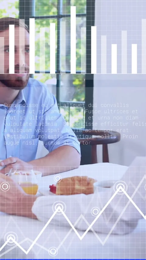 Business data analysis animation over people having breakfast in restaurant Stock Footage 320034803