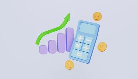 Business data analysis, Bar chart on the calculator with coins and increasing Illustrazione stock