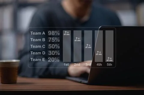 Business Data Analysis with Bar Chart and Team Performance Metrics on Laptop Stock Photos