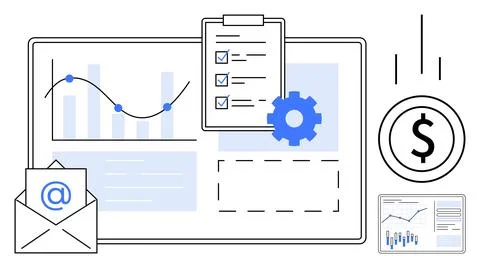 Business data analysis with charts, checklists, email communication, and fi.. Illustrazione stock