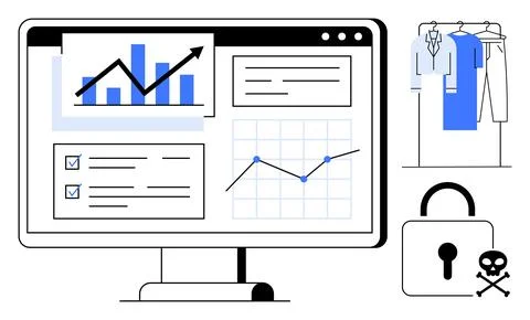 Business data analysis on computer screen including charts, graphs, and check Stock Illustration
