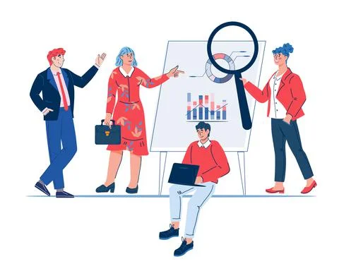 Business data analysis concept with group of analytics studying graphs, vector Stock Illustration